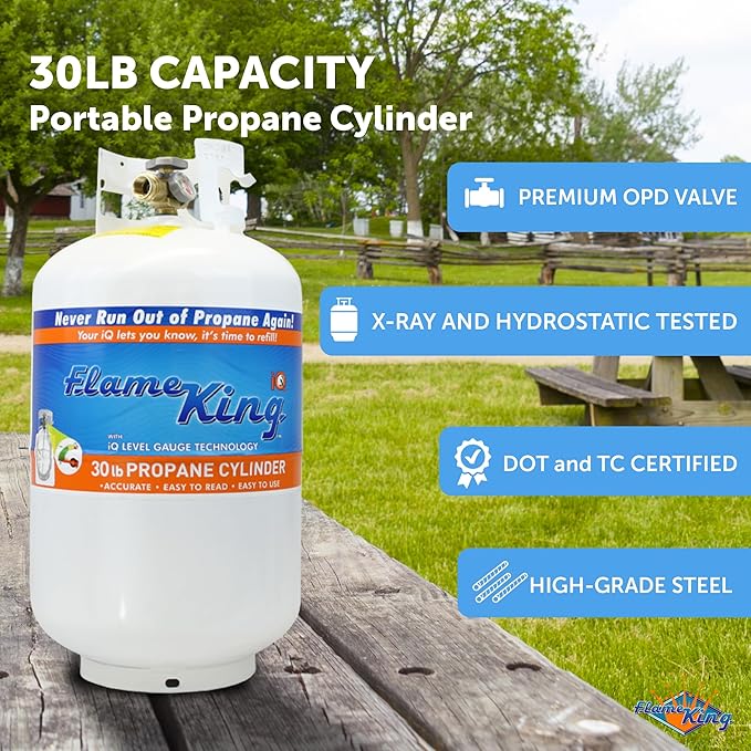 Flame King YSN330 30lb Steel Propane Tank Cylinder with Gauge and OPD Valve for Grills and BBQs, Camping, Fishing, & Outdoor Activities, White