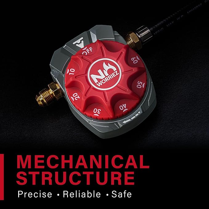 NO WORRIEZ Safety Auto Shut-Off Gas Timer for Propane & Natural Gas | Outdoor Grill, Fire Pit, Pizza Oven | – 100,000 BTU w/ 3/8" Flared Assembly Connector & Hose, Patent Pending