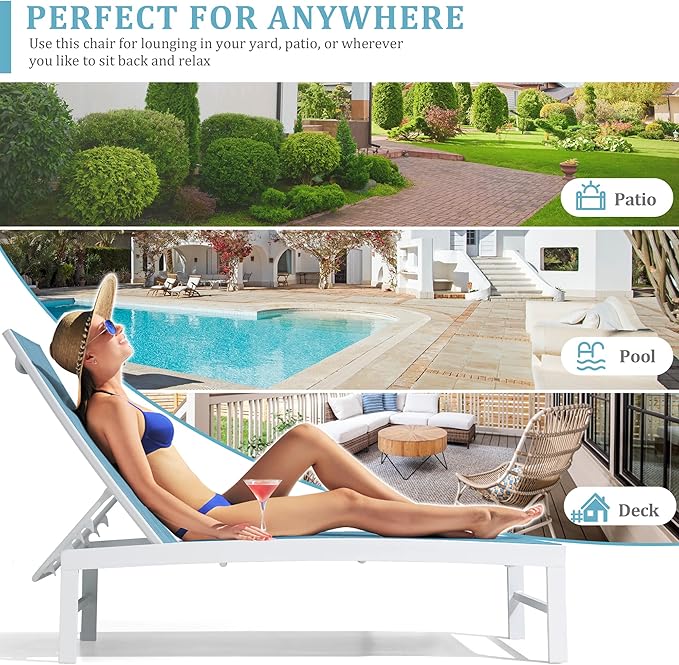 Patio Aluminum Chaise Lounge Chair, Set of 4 Outdoor Recliner Lounge Chair Sun Loungers, All Weather Chaise with 5 Adjustable Backrest and Lay Flat Positions for Garden, Balcony, Pool
