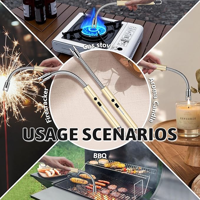 2 PCS Electric Lighter, Candle Lighter Arc Windproof Flame-Less with 360° Flexible Neck & LED Power Display, Type-C Rechargeable for BBQ, Grill, Camping, Fireplace, Stove (Gold)