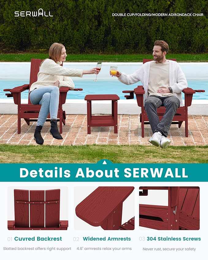 SERWALL Folding Adirondack Chair with Cup Holders, Weather Resistant HDPE Modern Adirondack Chair Set of 2, Plastic Outdoor Fire Pit Chairs, Red