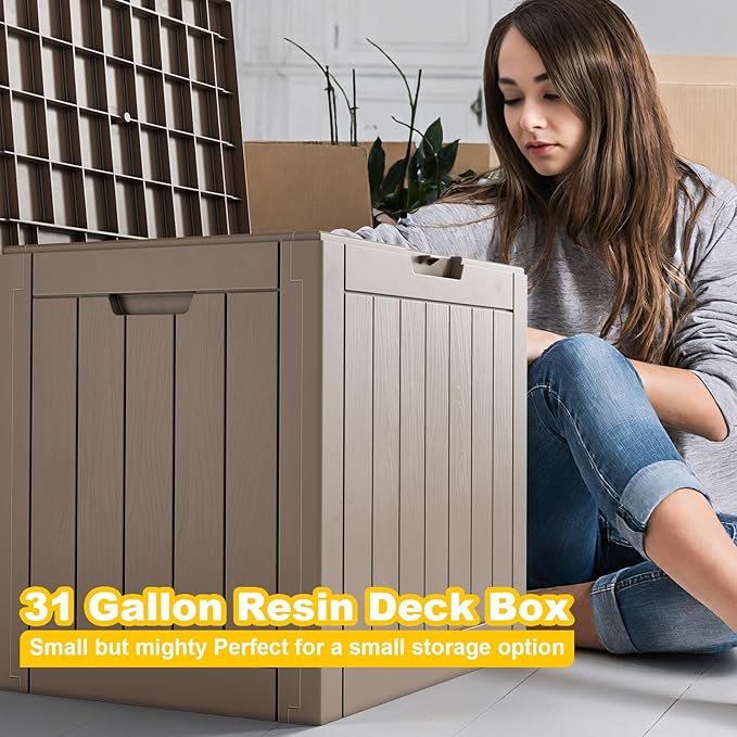 ROJIK Outdoor Storage Housing Deck Box - Waterproof Patio Furniture, Garden Tools, Cushions, Pool Accessories Storage Bench with Lockable Lid and Side Handles (Grey, 30 Gal)