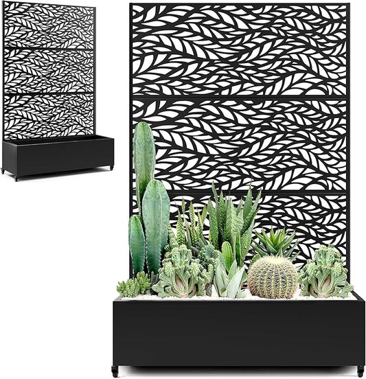Metal Planter Box with Trellis & Wheels for Outdoor Plants, Large Raised Garden Beds with Drainage Holes, Privacy Planters Box with Trellis for Climbing Plants, Flowers (47"L, Black Spring)