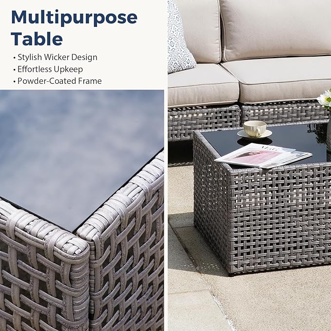 7-Piece Outdoor Wicker Sectional Set with 2 Armchairs, 4 Armless Chairs and Glass Table, Modular PE Rattan Sofa with Beige Cushions for Patio, Deck, Garden, Porch