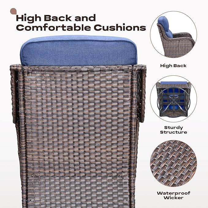 Rilyson Wicker Outdoor Patio Furniture Set - 7 Piece Patio Conversation Sets with Swivel Rocker Chairs, Ottomans and Sofa, 6 inch Cushions, Waterproof Wicker, for Porch Deck Brown/Blue