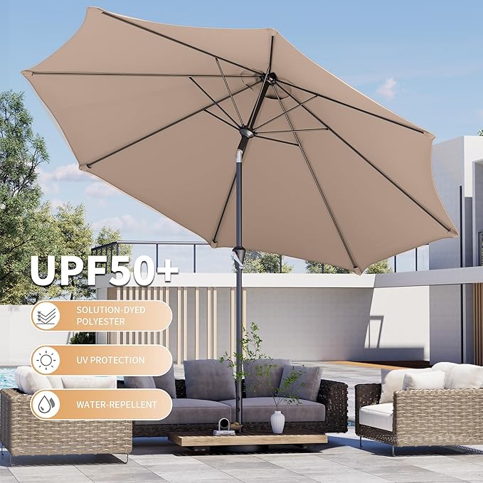 Kingdura 9FT Outdoor Patio Umbrella, Market Table Umbrella with Push Button Tilt and Crank, 8 Sturdy Fiberglass Ribs, UV Protection for Pool, Lawn, Deck, Backyard, Garden (Beige)