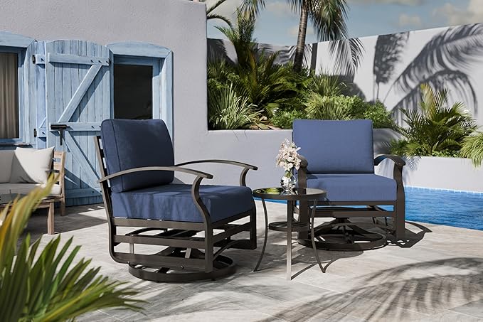 Outdoor Patio Furniture Set, 3 Piece Aluminum Metal Chairs Swivel Rocker, Overstuffed Washable Cushions Bistro Set for Porch, Balcony, Deck, Garden Navy