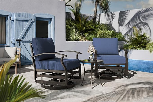 Outdoor Patio Furniture Set, 3 Piece Aluminum Metal Chairs Swivel Rocker, Overstuffed Washable Cushions Bistro Set for Porch, Balcony, Deck, Garden Navy
