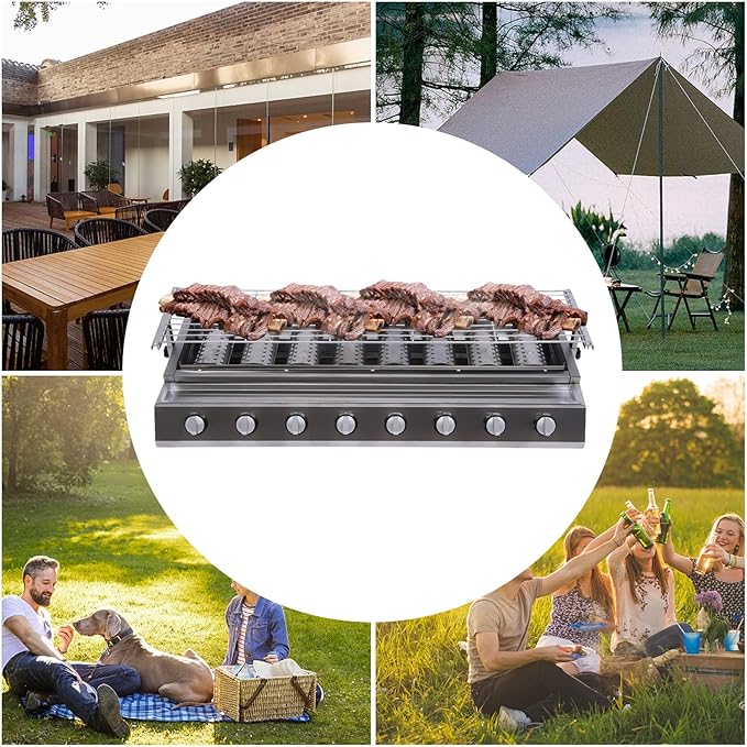 8-Burner Gas BBQ Grills, Stainless Steel Patio Garden Barbecue Grill with 8 Independent Burners and Switches, Tabletop Gas Grill for Restaurants, Outdoor Camping, Height Adjustable