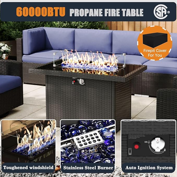 Patio Furniture Set with Fire Pit Table, 12 Pieces Outdoor All-Weather Wicker Conversation Sectional Chair Sofa Set with 4 Swivel Chairs