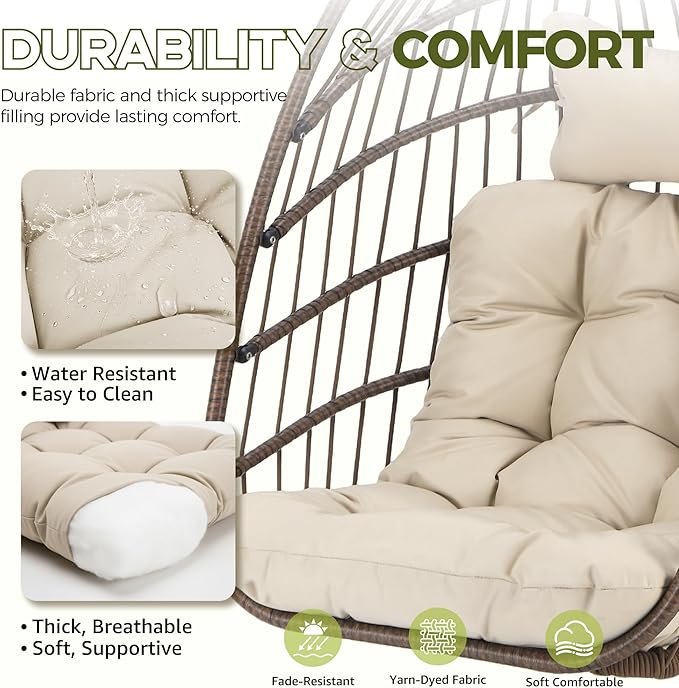RADIATA Modern Hanging Egg Chair with Stand, Outdoor Wicker Swing Hammock Chair with Padded Cushion, 350Lbs Free-Standing Eggshell Basket Seat for Garden Patio Balcony Indoor Reading Nook, Brown