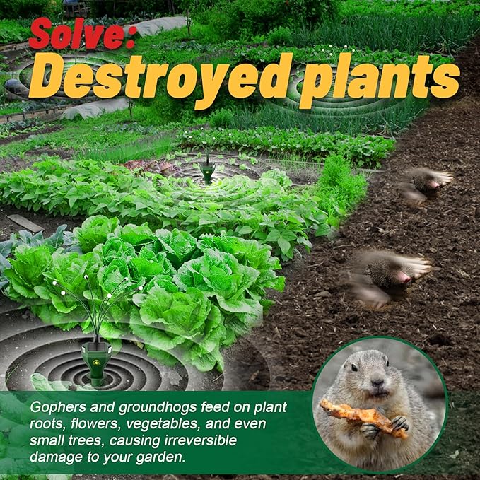 4 Pack Mole Repellent for Lawns Solar Powered Groundhog Spikes, Ultrasonic Mole Stakes for Yard, Waterproof Gopher Repellent to Get Rid of Chipmunk, Vole and Snake for Garden