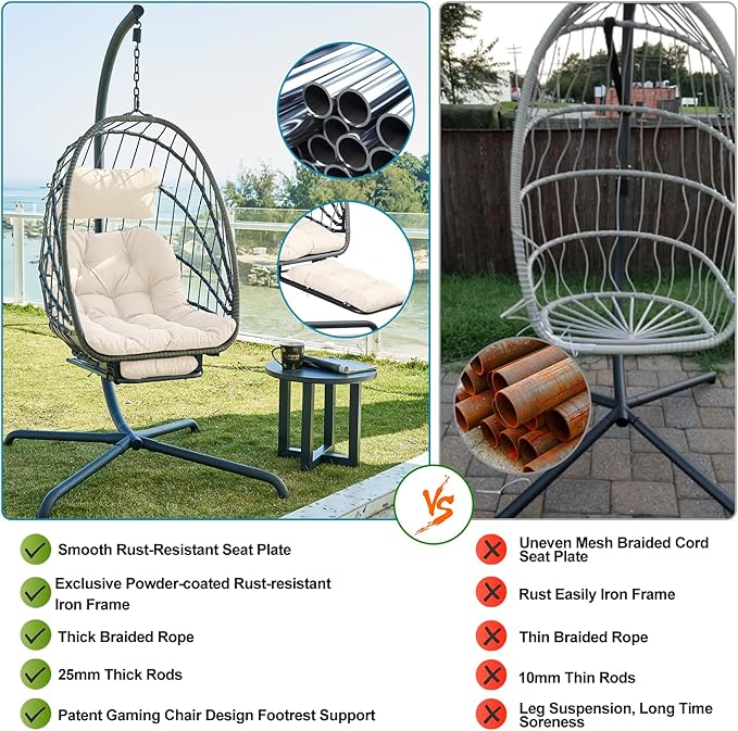 Hanging Egg Chair with Leg Rest and Stand – Rattan Wicker Swing Hammock Chair, UV-Resistant Cushion, Heavy-Duty Frame for Indoor & Outdoor Patio, Bedroom, Balcony, Garden – 330 lbs Capacity(Beige)