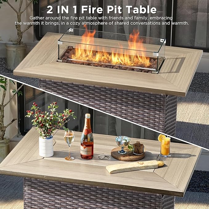 7 Pieces Patio Furniture Set with 42.5" Fire Pit Table-All Weather Wicker Outdoor Furniture with High Back Swivel Patio Chairs Set of 2 Outdoor Couch for Deck Balcony Backyard Brown/Beige