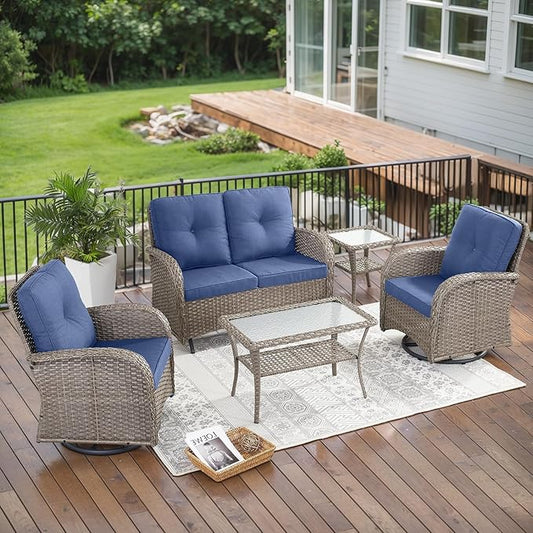 Belord 5 Piece Outdoor Patio Furniture Set with Deep Seating Swivel Rocker Chairs Loveseat and Rattan Coffee Table Outdoor Conversation Sets for Deck Backyard Poolside,Gray Wicker