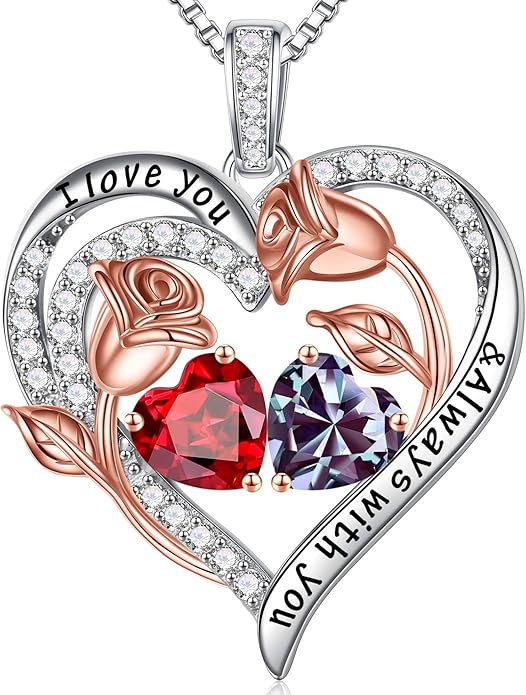 Iefil Christmas Gifts for Women Wife - 925 Sterling Silver Rose Heart Birthstone Necklace Birthday Anniversary Jewelry Gifts for Her Wife Mom Daughter