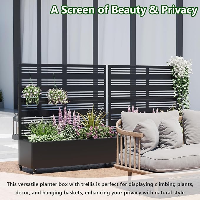 Casaphoria Raised Garden Bed Metal Planter Box with Trellis, 47"x47"x16" for Outdoor Climbing Plants, Flowers Vegetables and Vines Privacy Screen with Wheels and Drainage Holes(Black Louvered)