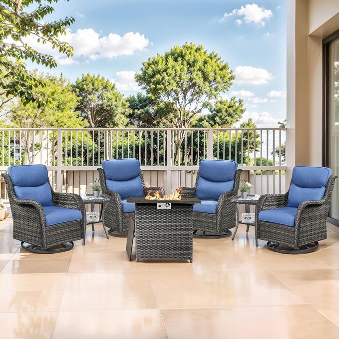 Outdoor Swivel Rocker Patio Chairs Set of 4 with Fire Table - 5" Thick Cushion 6 Piece Furniture Set with Fire Pit Table All Weather Wicker Conversation Set for Porch Deck - Gray/Blue