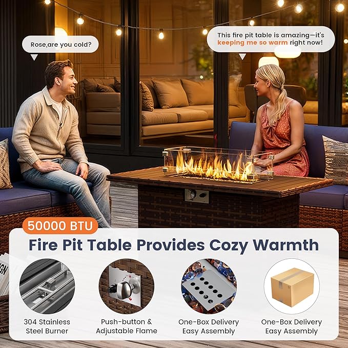 UDPATIO Patio Furniture Set with Fire Pit Table, 8 Inch Armrest Outdoor Sectional Sofa, 7 Piece Wicker Outdoor Furniture Conversation Sets with Waterproof Cover for Backyard Deck(Brown/Navy Blue)