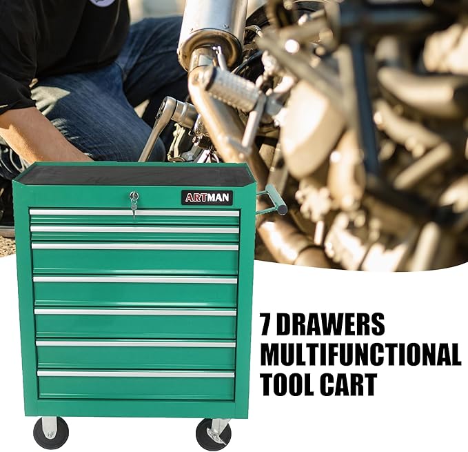 7-Drawer Rolling Tool Cart on Wheels, Multifunctional Trolley Organizer Tool Chest for Workshop, Garage, Warehouse, Repair Shop (7 Drawers-29.9" H-Green)