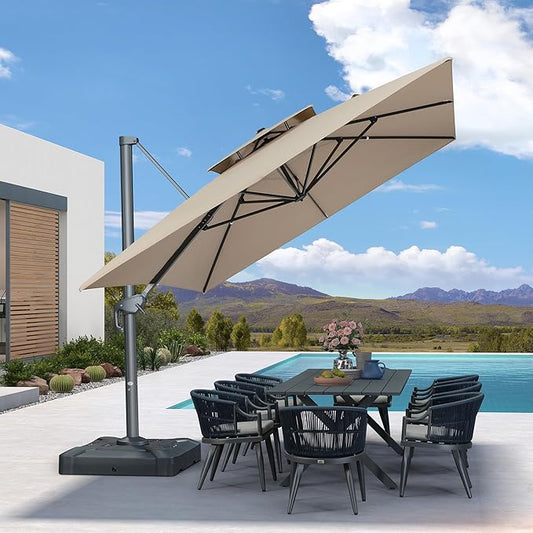 PURPLE LEAF 10' X 13' Double Top Cantilever Patio Umbrella Deluxe Large Outdoor Umbrella Rectangle Offset Umbrella with Fade Resistance for Garden Deck Pool Patio, Sand Dune