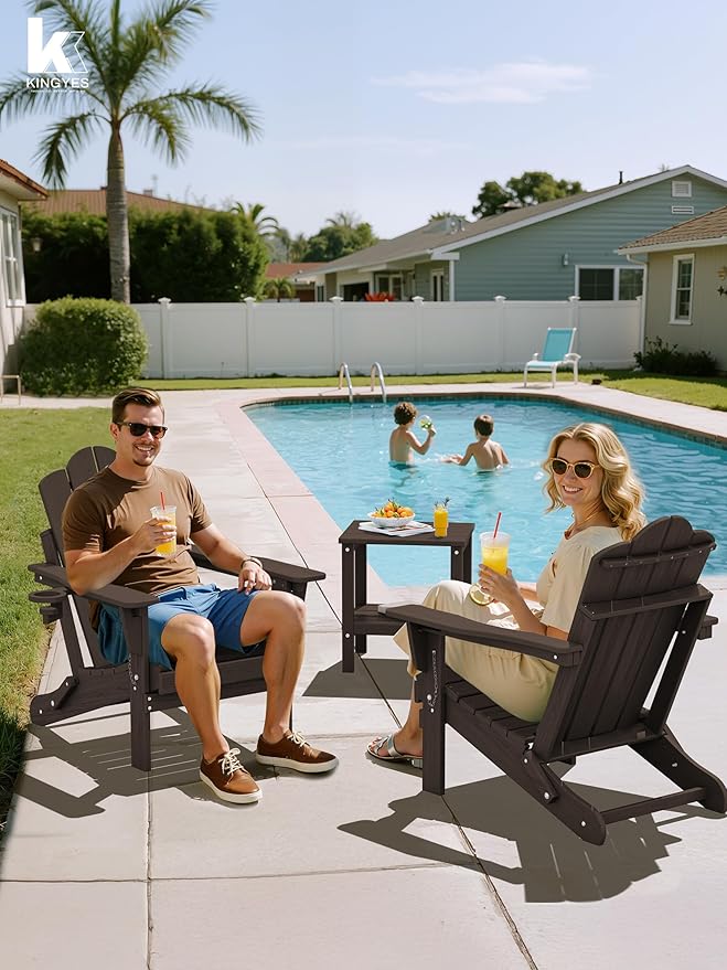 KINGYES Adjustable Folding Adirondack Chair, 3-Position Reclining Adirondack Chairs with Cup Holder, HDPE All-Weather Oversized Adirondack for Outdoor, Patio, Backyard Deck, Fire Pit, Brown