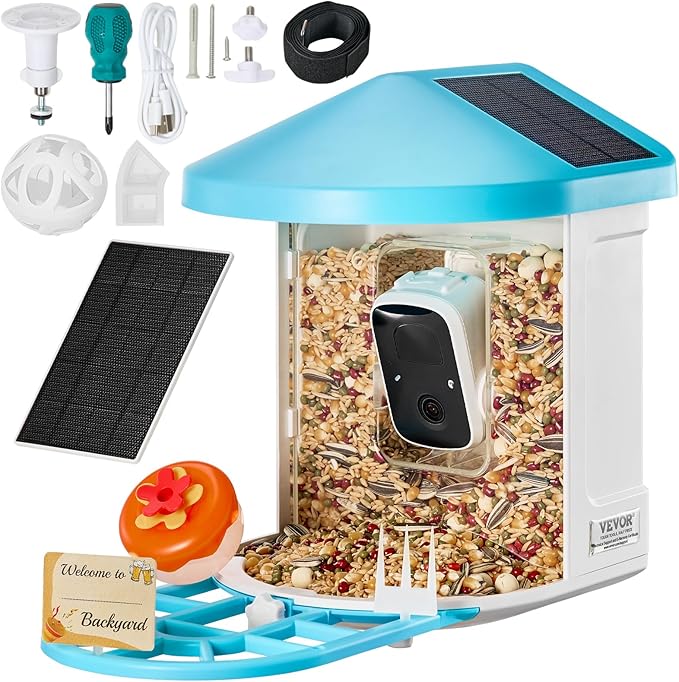 VEVOR Bird Feeder with Camera Solar Powered, Smart Bird Feeder with 3 Solar Panels, Wireless Video Birdfeeder with AI Identify, 2K Full HD, Auto Detect & Notify, Ideal Gift for Bird Lover