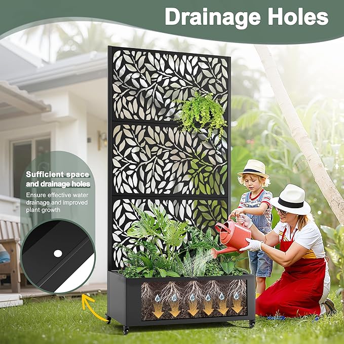 Metal Planter Box with Trellis and Wheels, 35" L×16" W×71" H Outdoor Raised Beds with Privacy Screen, Drainage Holes for Climbing Plants (Black Leaf)