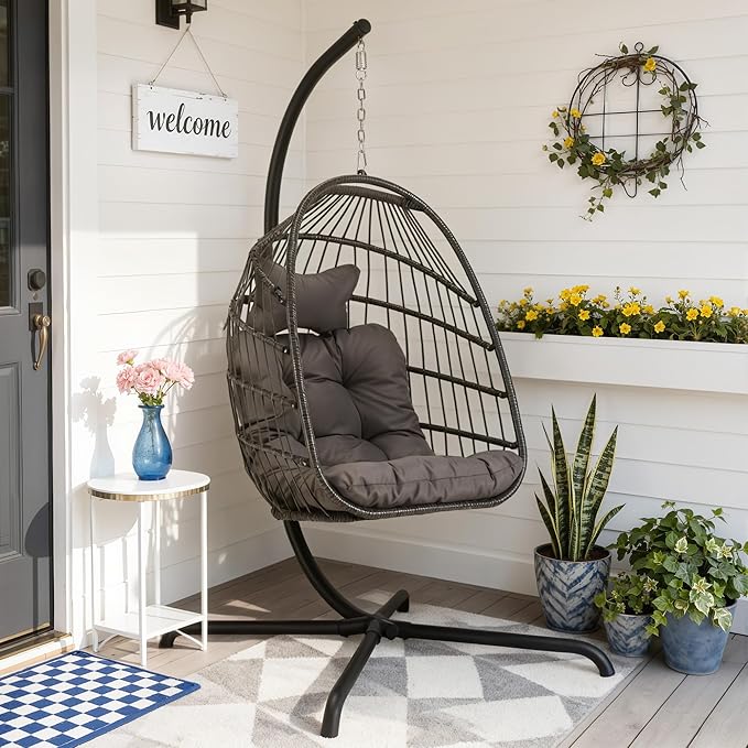 BLUEXYARD Outdoor Egg Chair Swing with Stand and Cover, 350 Lbs Rattan Wicker Egg Hanging Chair with Cushion, Compact Foldable Basket Hammock for Balcony Apartment Garden Backyard Bedroom, Dark Grey