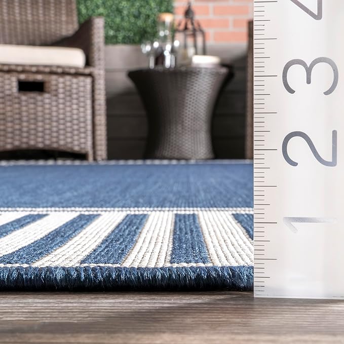 nuLOOM 2' x 8' Outdoor Area Rug, Casual Design With Striped Border, Stain Resistant, Highly Durable, For Patio, Balcony, Bedroom, Living Room, Dining Room, Bathroom, Navy