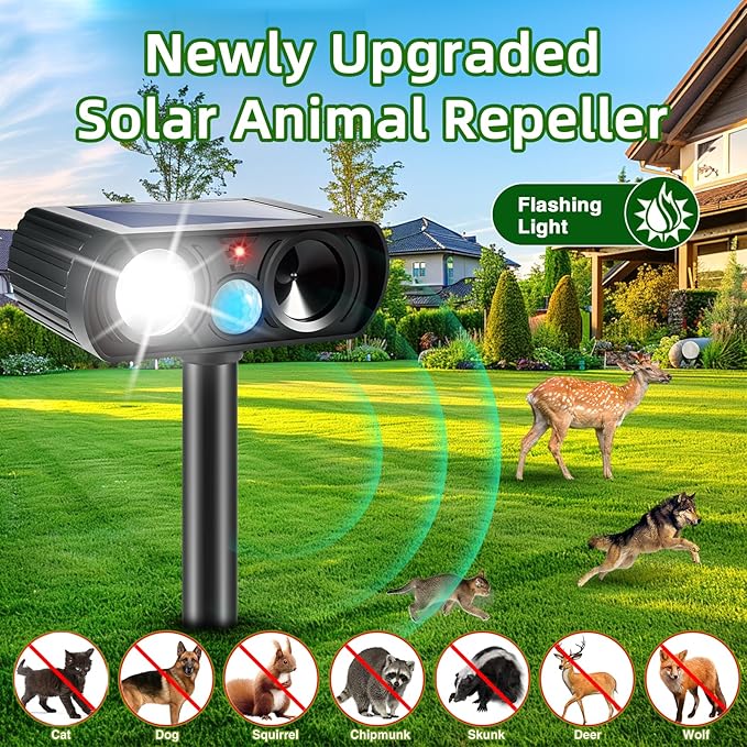 4Pack Ultrasonic Animal Repellent Outdoor Solar Animal Repeller witht Motion Sensor&LED Strober Ligh 2025 Cat Deterrent Outdoor Deer Repellent Device to Scare Fox Dog Skunk Rabbit Raccoon Squirrel