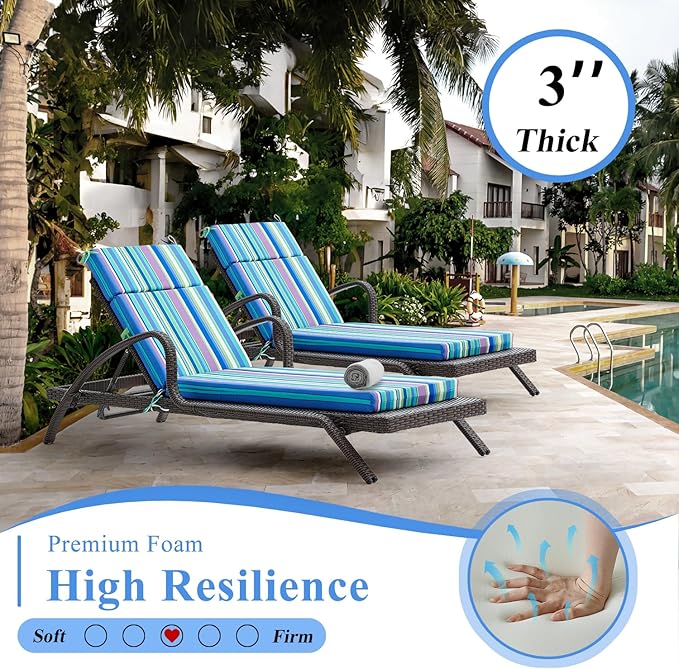 FILUXE Chaise Lounge Cushions Outdoor Furniture, High-Density Foam Chair Cushion with Ties, Weather & Fade Resistant - Patio Recliner Chairs Cushions for Lawn, Pool & Beach 80x26x3 Inch, Stripe Blue