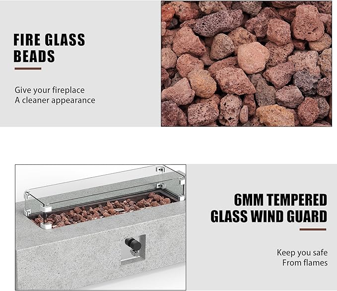 NAGA HABNA 56 Inch Propane Fire Pit Table, Rectangle Outdoor Fire Table w Glass Wind Guard (50,000 BTU), 2 Piece Gas Fire Pit w Lava Rocks for Garden, Pool, Backyard