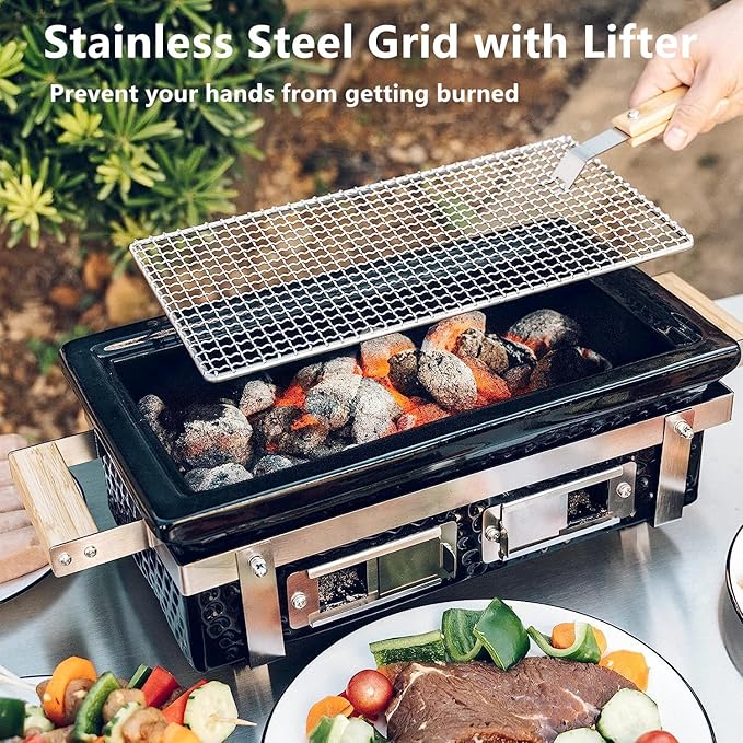 Charcoal BBQ Hibachi Grill with Grid Lifter, Portable Yakitori Grill with Stainless Steel Grate, Barbecue Stove for Outdoor Camping Picnic Patio Backyard Cooking, GS306