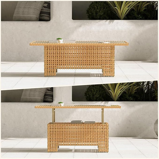 Grand patio Outdoor & Indoor Coffee Dining Table -Wicker Rattan, Adjustable Slat Lift Top, Picnic, Storage Shelf - Beige