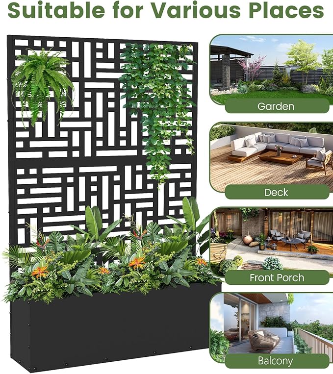 2PCS Metal Planter Box with Trellis,70.9"x47.2"x15.7" Raised Garden Bed with Drainage Holes, Privacy Planters for Outdoor, Garden Bed for Climbing Plants,Vegetables,and Vines, Black-Modular