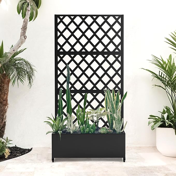 Metal Large Garden Bed with Trellis & Wheels, Planter Box with Privacy Screen for Climbing Plants, Privacy Planters for Patio, 35" L Garden Boxes with Drainage Holes (Black Diamond)