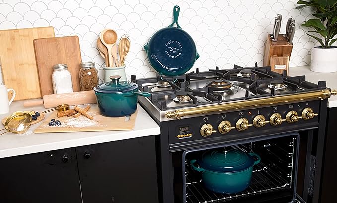 Larder & Vine 5-Piece Enameled Cast Iron Cookware Set - Includes 5.7 Quart Dutch Oven with Lid, 10.25 Inch Skillet, 2.2 Quart Saucepan with Lid (Bondi)