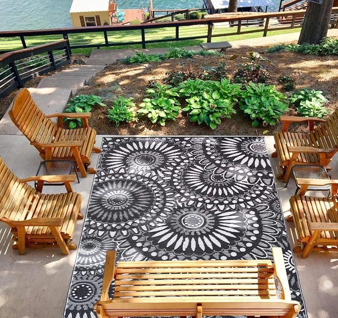 Reversible Outdoor/Indoor Plastic Straw Rugs Waterproof Portable Mat Easy to Clean Outdoor Patio Mat,Perfect for Garden, Patio, Picnic, Decking-（Grey,8x10Ft）
