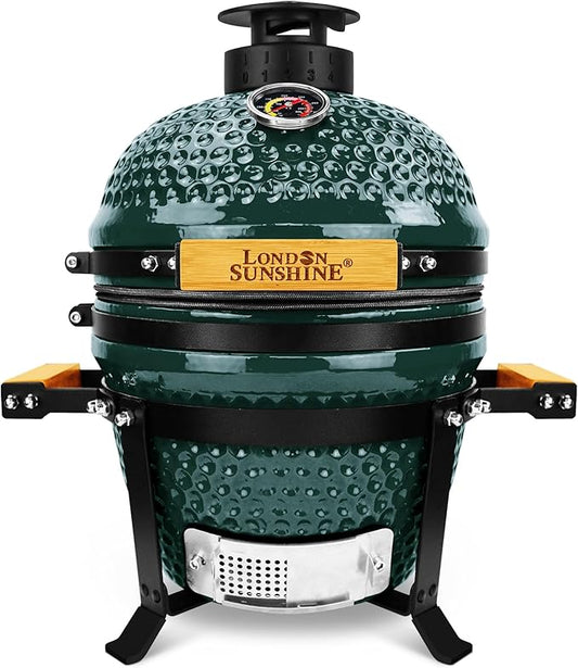 Upgraded 13 inch Ceramic Kamado Grill with Waterproof Air Vent Cap | Portable Tabletop Charcoal BBQ Grill Smoker for Outdoor Cooking, Patio, Camping | Green