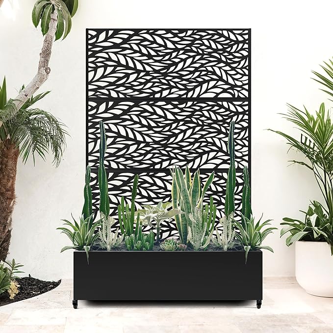Metal Planter Box with Trellis & Wheels for Outdoor Plants, Large Raised Garden Beds with Drainage Holes, Privacy Planters Box with Trellis for Climbing Plants, Flowers (47"L, Black Spring)