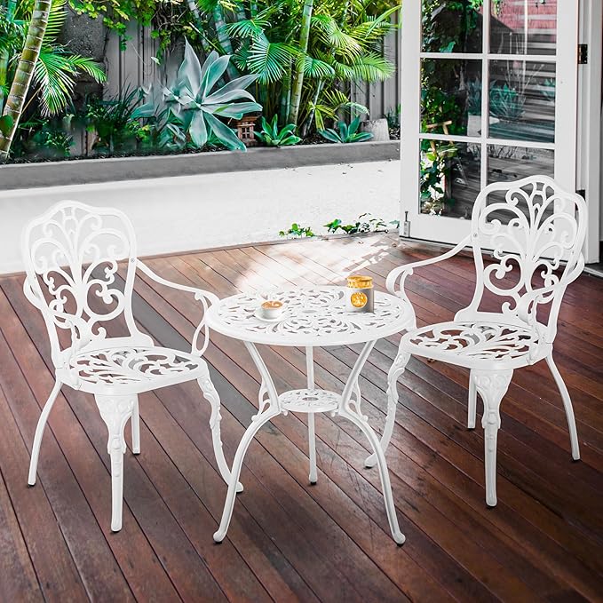 Cast Aluminum Patio Bistro Sets 3 Piece, Outdoor Bistro Set 3 Piece, Aluminum Bistro Set Outdoor, Patio Table Set with 1.97" Umbrella Hole, Patio Furniture Set for Backyard, Porch