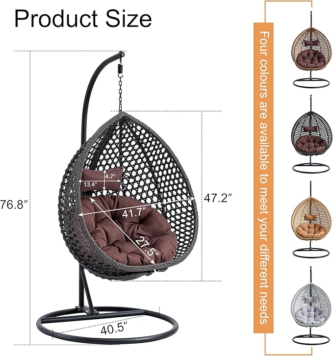 Egg Swing Chair Outdoor with Stand, Indoor Swing for Adults, Hanging Egg Rattan Basket Chair with Cushion and Pillow, Foldable Basket and Metal Stand for Porch, Patio, Bedroom, Balcony,Yard (Black)