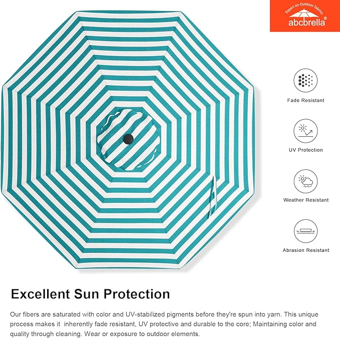ABCCANOPY OLEFIN® 5-Year No Fading 9FT Patio Umbrella, Outdoor Table Umbrella with 8 Sturdy Ribs for Deck, Backyard, Yard (Turquoise Stripe)