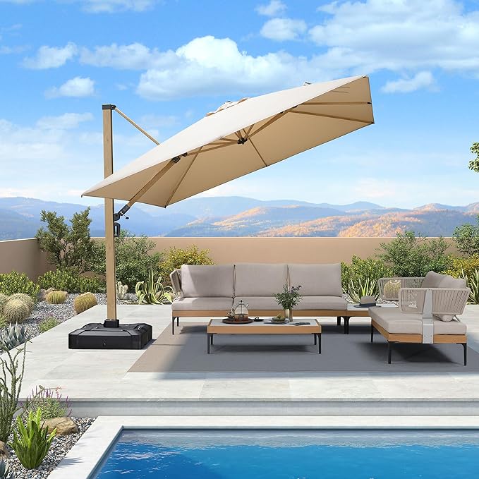 PURPLE LEAF 10FT Patio Umbrella Square Cantilever Umbrella Teak Finished Aluminum Frame Large Windproof Offset Outdoor Sun Umbrellas for Beach Pool Deck, Beige