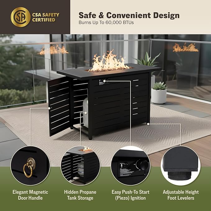 Kinger Home 42-Inch Ore Outdoor Propane Fire Pit Table 50000 BTU, CSA Certified, Powder-Coated Stainless Steel Patio Firepit with Lava Rocks, Black
