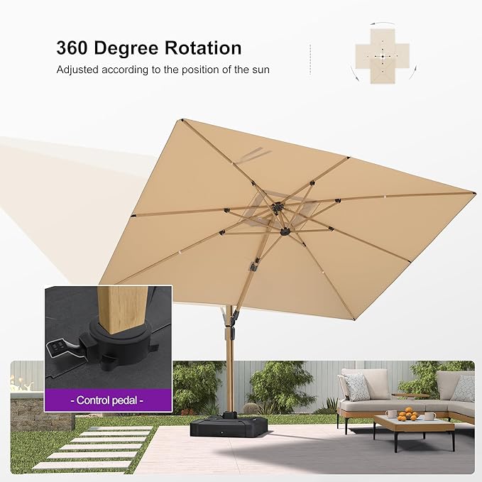 PURPLE LEAF 9' x 12' Rectangle Patio Cantilever Umbrella With Base Large Hanging Umbrella Teak Finished Aluminum Frame Windproof Offset Outdoor Sun Umbrellas for Beach Pool Deck, Beige