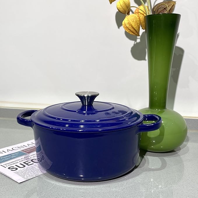 Commercial Grade, Cast Iron Enameled Cookware (Blue, Duch Oven 4qt)