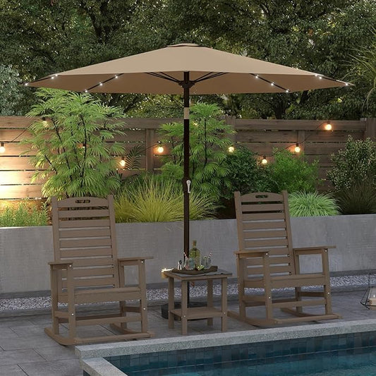 Brown Outdoor Rocking Chairs Set of 2 with Footrest, Side Table & Beige 9FT Patio Umbrella, HDPE Rocking Lawn Chair for Garden, Poolside, Deck, Weatherproof Porch Rocker