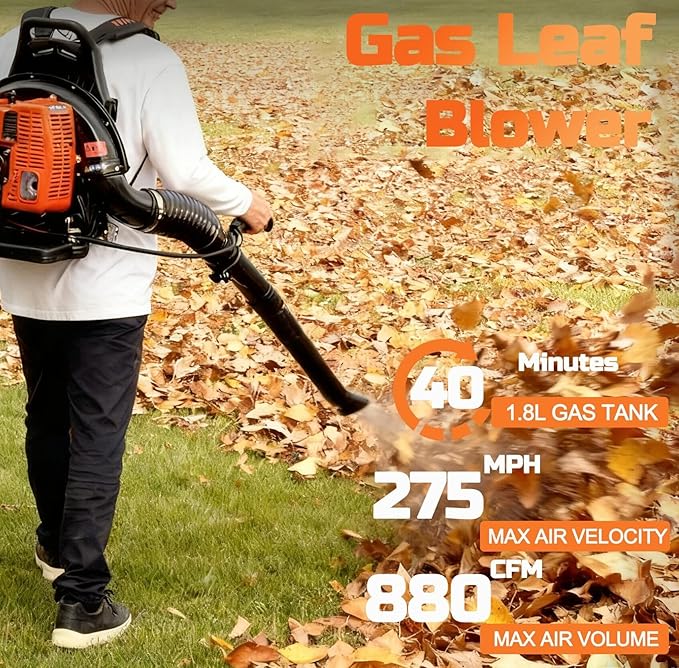 PROYAMA 72CC Gas Backpack Leaf Blower, 2-Cycle 880CFM 275MPH Gas Powered Engine, 2 in 1 Nozzle Low Vibration and Ergonomic Design with Cruise Control for Outdoor GardenYard Cleaning and Snow Removal